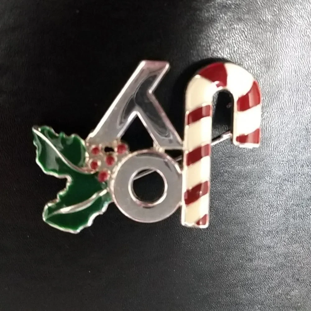 Silver tone joy brooch Candy Cane Holly Red Green